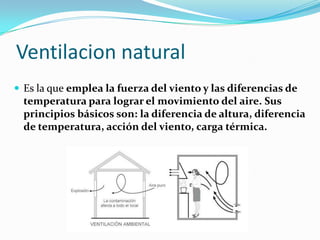 Ventilacion natural
 Es la que emplea la fuerza del viento y las diferencias de
  temperatura para lograr el movimiento del aire. Sus
  principios básicos son: la diferencia de altura, diferencia
  de temperatura, acción del viento, carga térmica.
 
