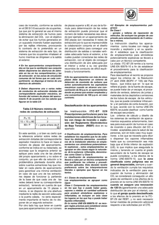caso de incendio, conforme se solicita 
en el DB SI 3 Evacuación de ocupantes, 
(ya que por lo general se usa el mismo 
sistema de extracción de humos para 
la eliminación del CO), con el objetivo 
de evitar que los humos generados en 
un supuesto incendio fuesen aspirados 
por las rejillas inferiores, provocando 
lo contrario de lo pretendido en un 
sistema de extracción de este tipo, de 
manera que los ocupantes inhalasen el 
humo mientras se dirigiesen a la salida 
al exterior. 
4 En los aparcamientos compartimenta-dos 
en los que la ventilación sea conjunta 
deben disponerse las aberturas de admi-sión 
en los en los compartimentos y las 
de extracción en las zonas de circulación 
comunes de tal forma que en cada com-partimento 
se disponga al menos de una 
abertura de admisión. 
5 Deben disponerse una o varias redes 
de conductos de extracción dotadas del 
correspondiente aspirador mecánico, en 
función del número de plazas del aparca-miento 
P, de acuerdo con los valores que 
figuran en la tabla 2.9 
En este sentido, y si bien es cierto que 
la referencia anterior sobre redes de 
extracción dotadas del correspondiente 
aspirador mecánico lo hace en base al 
número de plazas del aparcamiento, 
conforme se indica en su redactado, se 
aconseja que la exigencia anterior se 
aplique para cada una de las plantas 
del propio aparcamiento y no sobre el 
conjunto, ya que ello da solución a la 
problemática planteada durante años 
sobre cuantos extractores hay que ins-talar 
en cada planta de aparcamiento 
para garantizar una mínima ventilación 
en caso de que uno de los extracto-res 
dejase de funcionar (y partiendo 
de la base de que cada una de las 
redes deberá tener su correspondiente 
extractor), teniendo en cuenta de que 
en un aparcamiento de 15 plazas o 
menos, si se dispone de una abertura 
mediante la rejilla de sección adecuada 
o la puerta calada, no sería especial-mente 
importante el hecho de no dis-poner 
de un segundo extractor. 
Por otro lado hay que tener en cuenta 
que para aparcamientos con un número 
de plazas superior a 80, el uso de la fór-mula 
para determinación de las redes 
de extracción puede provocar que el 
número de redes necesarias sea eleva-do 
(por ejemplo en un aparcamiento de 
350 plazas son necesarias 9 redes de 
extracción) por lo que es imprescindible 
la colaboración conjunta en el diseño 
del propio edificio para conseguir una 
distribución de salidas o ramales verti-cales 
adecuada hacia el exterior, a los 
cuales puedan conectarse las redes de 
extracción, con el objeto de conseguir 
una distribución de aire adecuada por 
el interior y evitar a su vez grandes 
recorridos de conducto de difícil equili-brado 
y funcionamiento. 
6 En los aparcamientos con más de cinco 
plazas debe disponerse un sistema de 
detección de monóxido de carbono que 
active automáticamente los aspiradores 
mecánicos cuando se alcance una con-centración 
de 50 p.p.m. en aparcamientos 
donde se prevea que existan empleados y 
una concentración de 100 p.p.m. en caso 
contrario. 
Desclasificación de los aparcamientos 
La inst rucción ITC-BT 029 
Prescripciones particulares para las 
instalaciones eléctricas de los loca-les 
con riesgo de incendio o explo-sión 
del Reglamento Electrotécnico 
de Baja Tensión (REBT) dice en su 
apartado 
4 Clasificación de emplazamientos. Para 
establecer los requisitos que ha de satis-facer 
los distintos elementos constituti-vos 
de la instalación eléctrica en empla-zamientos 
con atmósferas potencialmen-te 
explosivas , estos emplazamientos se 
agrupan en dos clases según la naturale-za 
de la sustancia inflamable, denomina-das 
como Clase I y Clase II. 
La clasificación de emplazamientos se 
llevará a cabo por un técnico competente 
que justificarán los criterios y procedi-mientos 
aplicados. Esta decisión tendrá 
preferencia sobre las interpretaciones 
literales o ejemplos que figuran en los 
textos. 
4.1. Clases de emplazamientos 
Los emplazamientos se agrupan como 
sigue: 
Clase I: Comprende los emplazamientos 
en los que hay o puede haber gases, 
vapores o nieblas en cantidad suficiente 
para producir atmósferas explosivas o 
inflamables; se incluyen en esta clase 
los lugares en los que hay o puede haber 
líquidos inflamables. 
En la norma UNE-EN 600079-10 se reco-gen 
reglas precisas para establecer zonas 
en emplazamientos de Clase I. 
4.2 Ejemplos de emplazamientos peli-grosos 
De Clase I 
- garajes y talleres de reparación de 
vehículos. Se excluyen los garajes de uso 
privado para estacinamiento de 5 vehícu-los 
o menos. 
La instrucción clasifica los aparca-mientos 
como locales con riesgo de 
incendio y explosión y en su aparta-do 
4 establece que la clasificación 
de emplazamientos para atmósferas 
potencialmente explosivas se llevará a 
cabo por un técnico competente. 
La citada ITC-BT-29 remite a la norma 
UNE-EN 60079-10 a fin de establecer 
el procedimiento para la clasificación 
de emplazamientos. 
Para desclasificar el recinto se propone 
seguir los criterios de la Resolución 
27 abril 2006 (BOPV nº 105) del País 
Vasco, que indica que en lo que se 
refiere al grado de la fuente de escape, 
se puede tratar de un escape, el proce-dente 
de venteos, deterioro de juntas y 
materiales de los depósitos o emisiones 
de los tubos de escape de los vehícu-los, 
que se puede considerar infrecuen-te 
y en períodos de corta duración, por 
lo que, acorde con la norma UNE-EN 
60079, se puede clasificar como fuente 
de escape secundario. 
Los criterios de cálculo y diseño de 
los sistemas de ventilación de aparca-mientos 
expuestos anteriormente, bien 
sea para evacuación de humos en caso 
de incendio o para dilución del CO a 
niveles aceptables para la salud de las 
personas, son en todo caso muy supe-riores 
a los que se necesita para diluir 
o dispersar los vapores inflamables 
hasta que su concentración sea más 
baja que el límite inferior de explosión 
(LIE), lo que implica que asegurada la 
misma y teniendo en cuenta el grado 
secundario de la fuente de escape se 
puede considerar, a los efectos de la 
norma UNE-60079-10, que la zona 
clasificada como peligrosa sea en 
general despreciable, siempre y cuan-do 
la ventilación cumpla los requisitos 
indicados de la ventilación para eva-cuación 
de humos y eliminación del 
CO, se considerará conseguido un alto 
grado de ventilación a los efectos de lo 
previsto en la norma UNE EN 60079-10 
cuando se asegure una renovación 
de 120 l/s (garantizando una adecuada 
distribución de aire por el interior), con 
lo que el garaje queda desclasificado 
a los efectos de lo previsto en la ITC-BT- 
29 del REBT, y no será necesario 
tomar medidas de protección adicional 
respecto a las solicitadas por el CTE. 
21 
Tabla 2.9 Número mínimo de 
redes de conductos de extracción 
P< 15 
15 < 15 < 80 
80< P 
1 
2 
1 + parte entera de P 
40 
 