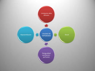 Limitacion dela
                     difusion




                   CAUSAS DE
Hipoventilacion                     Shunt
                   HIPOXEMIA




                   Desigualdad
                   ventilacion-
                    perfusion
 
