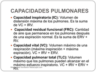 CAPACIDADES PULMONARES
 Capacidad inspiratoria (IC): Volumen de
distensión máxima de los pulmones. Es la suma
de VC + IRV.
 Capacidad residual funcional (FRC): Cantidad
de aire que permanece en los pulmones después
de una espiración normal. Es la suma de ERV +
RV.
 Capacidad vital (VC): Volumen máximo de una
respiración (máxima inspiración + máxima
espiración). VC + IRV + ERV.
 Capacidad pulmonar total (TLC): Volumen
máximo que los pulmones pueden alcanzar en el
máximo esfuerzo inspiratorio. VC + IRV + ERV +
RV.
Mechanical Ventilation Medscape.com
 