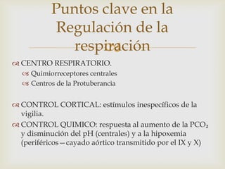 CENTRO RESPIRATORIO.Quimiorreceptores centralesCentros de la ProtuberanciaCONTROL CORTICAL: estímulos inespecíficos de la vigilia.CONTROL QUIMICO: respuesta al aumento de la PCO₂ y disminución del pH (centrales) y a la hipoxemia (periféricos—cayado aórtico transmitido por el IX y X)Puntos clave en la Regulación de la respiración
