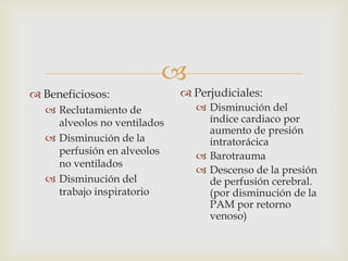 Beneficiosos:Reclutamiento de alveolos no ventiladosDisminución de la perfusión en alveolos no ventiladosDisminución del trabajo inspiratorioPerjudiciales:Disminución del índice cardiaco por aumento de presión intratorácicaBarotraumaDescenso de la presión de perfusión cerebral. (por disminución de la PAM por retorno venoso)