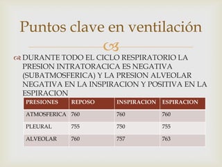 DURANTE TODO EL CICLO RESPIRATORIO LA PRESION INTRATORACICA ES NEGATIVA (SUBATMOSFERICA) Y LA PRESION ALVEOLAR NEGATIVA EN LA INSPIRACION Y POSITIVA EN LA ESPIRACIONPuntos clave en ventilación