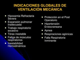 INDICACIONES GLOBALES DE VENTILACIÓN MECÁNICA Hipoxemia Refractaria Severa Expansión pulmonar inadecuada Trabajo respiratorio excesivo  Tórax inestable Fatiga de músculos respiratorios Inestabilidad Hemodinámica Protección en el Post Operatorio Hipertensión Endocraneana Apnea Respiraciones agónicas Falla Respiratoria Inminente 