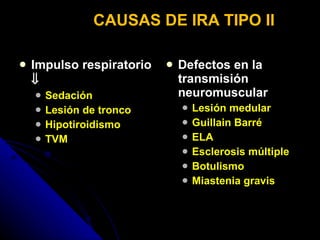 CAUSAS DE IRA TIPO II Impulso respiratorio   Sedación Lesión de tronco Hipotiroidismo TVM Defectos en la transmisión neuromuscular Lesión medular Guillain Barré ELA Esclerosis múltiple Botulismo Miastenia gravis 