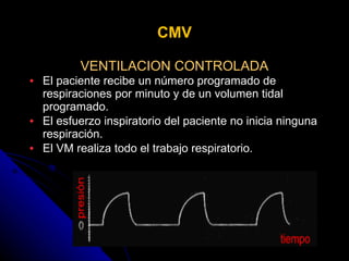 CMV VENTILACION CONTROLADA El paciente recibe un número programado de respiraciones por minuto y de un volumen tidal programado. El esfuerzo inspiratorio del paciente no inicia ninguna respiración. El VM realiza todo el trabajo respiratorio. 