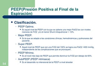 PEEP(Presión Positiva al Final de la
Espiración)
 Clasificación.
–

PEEP Optima.


–

Mejor PEEP.


–

14

Aquel nivel de PEEP que con una FiO2 del 100% se logra una PaO2 >400 mmHg,
independiente de las complicaciones que se provoquen.

PEEP Mínima.


–

Es la que se adapta a las condciones clínicas, hemodinámicas y pulmonares del
paciente .

Super PEEP.


–

Es aquel nivel de PEEP con la que se optiene una mejor PaO2 los con niveles
menores de FiO2 y/o el menor Shunt intrapulmonar < 12%.

Es el nivel más bajo de PEEP que permite disminuir la FiO2 por debajo de 60%.

AutoPEEP (PEEP intrinseca)


Es el desarrollo no intensional de la PEEP a nivel alveolar

 