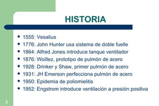 HISTORIA
1555: Vesalius
 1776: John Hunter usa sistema de doble fuelle
 1864: Alfred Jones introduce tanque ventilador
 1876: Woillez, prototipo de pulmón de acero
 1928: Drinker y Shaw, primer pulmón de acero
 1931: JH Emerson perfecciona pulmón de acero
 1950: Epidemia de poliomielitis
 1952: Engstrom introduce ventilación a presión positiva


3

 