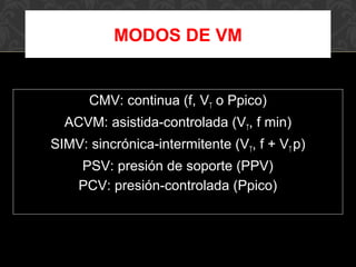 CMV: continua (f, VT o Ppico)
ACVM: asistida-controlada (VT, f min)
SIMV: sincrónica-intermitente (VT, f + VT p)
PSV: presión de soporte (PPV)
PCV: presión-controlada (Ppico)
MODOS DE VM
 