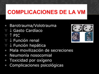 • Barotrauma/Volotrauma
∀ ↓ Gasto Cardíaco
∀ ↑ PIC
∀ ↓ Función renal
∀ ↓ Función hepática
• Mala movilización de secreciones
• Neumonía nosocomial
• Toxicidad por oxígeno
• Complicaciones psicológicas
COMPLICACIONES DE LA VM
 