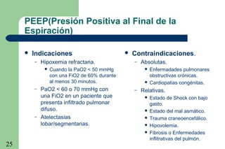 25
PEEP(Presión Positiva al Final de la
Espiración)
 Indicaciones
– Hipoxemia refractaria.
 Cuando la PaO2 < 50 mmHg
con una FiO2 de 60% durante
al menos 30 minutos.
– PaO2 < 60 o 70 mmHg con
una FiO2 en un paciente que
presenta infiltrado pulmonar
difuso.
– Atelectasias
lobar/segmentarias.
 Contraindicaciones.
– Absolutas.
 Enfermadades pulmonares
obstructivas crónicas.
 Cardiopatias congénitas.
– Relativas.
 Estado de Shock con bajo
gasto.
 Estado del mal asmático.
 Trauma craneoencefálico.
 Hipovolemia.
 Fibrosis o Enfermedades
inflitrativas del pulmón.
 