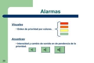 39
Visuales
• Orden de prioridad por colores.
Acusticas
• Intensidad y cambio de sonido en de pendencia de la
prioridad.
Alarmas
 