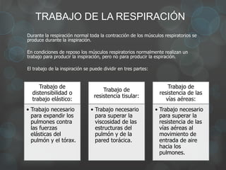 TRABAJO DE LA RESPIRACIÓN
Durante la respiración normal toda la contracción de los músculos respiratorios se
produce durante la inspiración.
En condiciones de reposo los músculos respiratorios normalmente realizan un
trabajo para producir la inspiración, pero no para producir la espiración.
El trabajo de la inspiración se puede dividir en tres partes:
Trabajo de
distensibilidad o
trabajo elástico:
• Trabajo necesario
para expandir los
pulmones contra
las fuerzas
elásticas del
pulmón y el tórax.
Trabajo de
resistencia tisular:
• Trabajo necesario
para superar la
viscosidad de las
estructuras del
pulmón y de la
pared torácica.
Trabajo de
resistencia de las
vías aéreas:
• Trabajo necesario
para superar la
resistencia de las
vías aéreas al
movimiento de
entrada de aire
hacia los
pulmones.
 