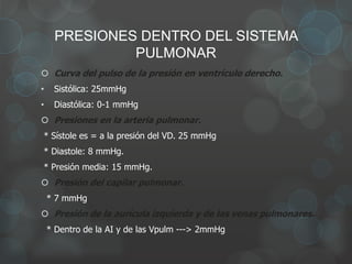 PRESIONES DENTRO DEL SISTEMA
PULMONAR
 Curva del pulso de la presión en ventrículo derecho.
• Sistólica: 25mmHg
• Diastólica: 0-1 mmHg
 Presiones en la arteria pulmonar.
* Sístole es = a la presión del VD. 25 mmHg
* Diastole: 8 mmHg.
* Presión media: 15 mmHg.
 Presión del capilar pulmonar.
* 7 mmHg
 Presión de la aurícula izquierda y de las venas pulmonares.
* Dentro de la AI y de las Vpulm ---> 2mmHg
 
