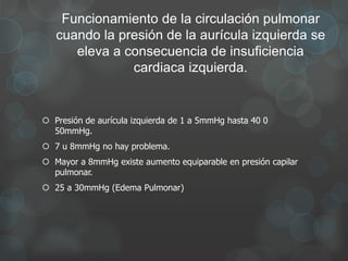 Funcionamiento de la circulación pulmonar
cuando la presión de la aurícula izquierda se
eleva a consecuencia de insuficiencia
cardiaca izquierda.
 Presión de aurícula izquierda de 1 a 5mmHg hasta 40 0
50mmHg.
 7 u 8mmHg no hay problema.
 Mayor a 8mmHg existe aumento equiparable en presión capilar
pulmonar.
 25 a 30mmHg (Edema Pulmonar)
 
