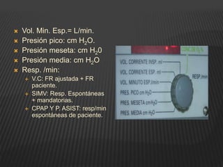  Vol. Min. Esp.= L/min.
 Presión pico: cm H2O.
 Presión meseta: cm H20
 Presión media: cm H2O
 Resp. /min:
 V.C: FR ajustada + FR
paciente.
 SIMV: Resp. Espontáneas
+ mandatorias.
 CPAP Y P. ASIST: resp/min
espontáneas de paciente.
 