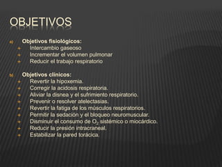 OBJETIVOS
a) Objetivos fisiológicos:
 Intercambio gaseoso
 Incrementar el volumen pulmonar
 Reducir el trabajo respiratorio
b) Objetivos clínicos:
 Revertir la hipoxemia.
 Corregir la acidosis respiratoria.
 Aliviar la disnea y el sufrimiento respiratorio.
 Prevenir o resolver atelectasias.
 Revertir la fatiga de los músculos respiratorios.
 Permitir la sedación y el bloqueo neuromuscular.
 Disminuir el consumo de O2 sistémico o miocárdico.
 Reducir la presión intracraneal.
 Estabilizar la pared torácica.
 