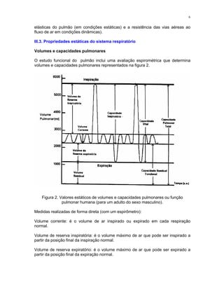 6
elásticas do pulmão (em condições estáticas) e a resistência das vias aéreas ao
fluxo de ar em condições dinâmicas).
III.3. Propriedades estáticas do sistema respiratório
Volumes e capacidades pulmonares
O estudo funcional do pulmão inclui uma avaliação espirométrica que determina
volumes e capacidades pulmonares representados na figura 2.
Figura 2. Valores estáticos de volumes e capacidades pulmonares ou função
pulmonar humana (para um adulto do sexo masculino).
Medidas realizadas de forma direta (com um espirômetro):
Volume corrente: é o volume de ar inspirado ou expirado em cada respiração
normal.
Volume de reserva inspiratória: é o volume máximo de ar que pode ser inspirado a
partir da posição final da inspiração normal.
Volume de reserva expiratório: é o volume máximo de ar que pode ser expirado a
partir da posição final da expiração normal.
 