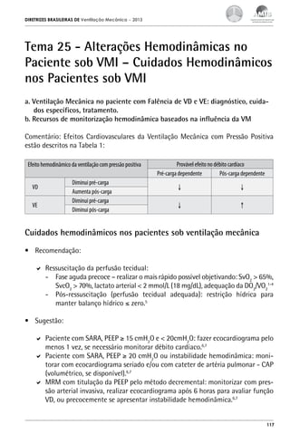 DIRETRIZES BRASILEIRAS DE Ventilação Mecânica

– 2013

Tema 25 - Alterações Hemodinâmicas no
Paciente sob VMI – Cuidados Hemodinâmicos
nos Pacientes sob VMI
a. Ventilação Mecânica no paciente com Falência de VD e VE: diagnóstico, cuidados específicos, tratamento.
b. Recursos de monitorização hemodinâmica baseados na influência da VM
Comentário: Efeitos Cardiovasculares da Ventilação Mecânica com Pressão Positiva
estão descritos na Tabela 1:
Efeito hemodinâmico da ventilação com pressão positiva
VD
VE

Diminui pré-carga
Aumenta pós-carga
Diminui pré-carga
Diminui pós-carga

Provável efeito no débito cardíaco
Pré-carga dependente
Pós-carga dependente
↓

↓

↓

↑

Cuidados hemodinâmicos nos pacientes sob ventilação mecânica
•	 Recomendação:
	 Ressuscitação da perfusão tecidual:
-	 Fase aguda precoce – realizar o mais rápido possível objetivando: SvO2 > 65%,
SvcO2 > 70%, lactato arterial < 2 mmol/L (18 mg/dL), adequação da DO2/VO21-4
-	 Pós-ressuscitação (perfusão tecidual adequada): restrição hídrica para
manter balanço hídrico ≤ zero.5
•	 Sugestão:
	 Paciente com SARA, PEEP ≥ 15 cmH2O e < 20cmH2O: fazer ecocardiograma pelo
menos 1 vez, se necessário monitorar débito cardíaco.6,7
	 Paciente com SARA, PEEP ≥ 20 cmH2O ou instabilidade hemodinâmica: monitorar com ecocardiograma seriado e/ou com cateter de artéria pulmonar - CAP
(volumétrico, se disponível).6,7
	 MRM com titulação da PEEP pelo método decremental: monitorizar com pressão arterial invasiva, realizar ecocardiograma após 6 horas para avaliar função
VD, ou precocemente se apresentar instabilidade hemodinâmica.6,7

117

 