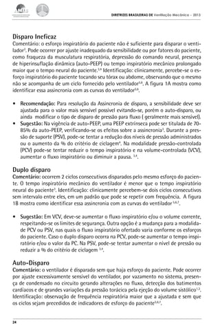 DIRETRIZES BRASILEIRAS DE Ventilação Mecânica

– 2013

Disparo Ineficaz

Comentário: o esforço inspiratório do paciente não é suficiente para disparar o ventilador3. Pode ocorrer por ajuste inadequado da sensibilidade ou por fatores do paciente,
como fraqueza da musculatura respiratória, depressão do comando neural, presença
de hiperinsuflação dinâmica (auto-PEEP) ou tempo inspiratório mecânico prolongado
maior que o tempo neural do paciente.3,4 Identificação: clinicamente, percebe-se o esforço inspiratório do paciente tocando seu tórax ou abdome, observando que o mesmo
não se acompanha de um ciclo fornecido pelo ventilador5,6. A figura 1A mostra como
identificar essa assincronia com as curvas do ventilador5,6.
•	 Recomendação: Para resolução da Assincronia de disparo, a sensibilidade deve ser
ajustada para o valor mais sensível possível evitando-se, porém o auto-disparo, ou
ainda modificar o tipo de disparo de pressão para fluxo ( geralmente mais sensível).
•	 Sugestão: Na vigência de auto-PEEP, uma PEEP extrínseca pode ser titulada de 7085% da auto-PEEP, verificando-se os efeitos sobre a assincronia3. Durante a pressão de suporte (PSV), pode-se tentar a redução dos níveis de pressão administrados
ou o aumento da % do critério de ciclagem4. Na modalidade pressão-controlada
(PCV) pode-se tentar reduzir o tempo inspiratório e na volume-controlada (VCV),
aumentar o fluxo inspiratório ou diminuir a pausa. 3,4.

Duplo disparo

Comentário: ocorrem 2 ciclos consecutivos disparados pelo mesmo esforço do paciente. O tempo inspiratório mecânico do ventilador é menor que o tempo inspiratório
neural do paciente3. Identificação: clinicamente percebem-se dois ciclos consecutivos
sem intervalo entre eles, em um padrão que pode se repetir com frequência. A figura
1B mostra como identificar essa assincronia com as curvas do ventilador 5,6,7.
•	 Sugestão: Em VCV, deve-se aumentar o fluxo inspiratório e/ou o volume corrente,
respeitando-se os limites de segurança. Outra opção é a mudança para a modalidade PCV ou PSV, nas quais o fluxo inspiratório ofertado varia conforme os esforços
do paciente. Caso o duplo disparo ocorra na PCV, pode-se aumentar o tempo inspiratório e/ou o valor da PC. Na PSV, pode-se tentar aumentar o nível de pressão ou
reduzir a % do critério de ciclagem 3,4.

Auto-Disparo

Comentário: o ventilador é disparado sem que haja esforço do paciente. Pode ocorrer
por ajuste excessivamente sensível do ventilador, por vazamento no sistema, presença de condensado no circuito gerando alterações no fluxo, detecção dos batimentos
cardíacos e de grandes variações da pressão torácica pela ejeção do volume sistólico1,3.
Identificação: observação de frequência respiratória maior que a ajustada e sem que
os ciclos sejam precedidos de indicadores de esforço do paciente5,6,7.

24

 