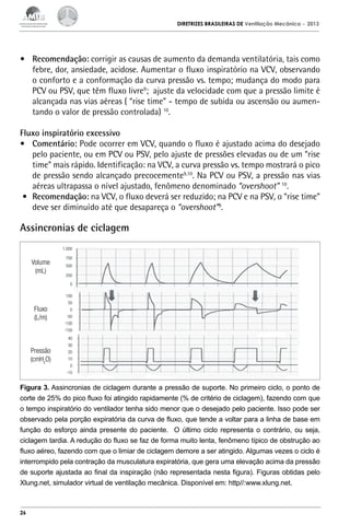 DIRETRIZES BRASILEIRAS DE Ventilação Mecânica

– 2013

•	 Recomendação: corrigir as causas de aumento da demanda ventilatória, tais como
febre, dor, ansiedade, acidose. Aumentar o fluxo inspiratório na VCV, observando
o conforto e a conformação da curva pressão vs. tempo; mudança do modo para
PCV ou PSV, que têm fluxo livre9; ajuste da velocidade com que a pressão limite é
alcançada nas vias aéreas ( “rise time” - tempo de subida ou ascensão ou aumentando o valor de pressão controlada) 10.
Fluxo inspiratório excessivo
•	 Comentário: Pode ocorrer em VCV, quando o fluxo é ajustado acima do desejado
pelo paciente, ou em PCV ou PSV, pelo ajuste de pressões elevadas ou de um “rise
time” mais rápido. Identificação: na VCV, a curva pressão vs. tempo mostrará o pico
de pressão sendo alcançado precocemente9,10. Na PCV ou PSV, a pressão nas vias
aéreas ultrapassa o nível ajustado, fenômeno denominado “overshoot” 10.
•	 Recomendação: na VCV, o fluxo deverá ser reduzido; na PCV e na PSV, o “rise time”
deve ser diminuído até que desapareça o “overshoot”9.

Assincronias de ciclagem
1.000

Volume
(mL)

750
500
250
0
100

Fluxo
(L/m)

50
0
-50
-100
-150
40

Pressão
(cmH2O)

30
20
10
0
-10

Figura 3. Assincronias de ciclagem durante a pressão de suporte. No primeiro ciclo, o ponto de
corte de 25% do pico fluxo foi atingido rapidamente (% de critério de ciclagem), fazendo com que
o tempo inspiratório do ventilador tenha sido menor que o desejado pelo paciente. Isso pode ser
observado pela porção expiratória da curva de fluxo, que tende a voltar para a linha de base em
função do esforço ainda presente do paciente. O último ciclo representa o contrário, ou seja,
ciclagem tardia. A redução do fluxo se faz de forma muito lenta, fenômeno típico de obstrução ao
fluxo aéreo, fazendo com que o limiar de ciclagem demore a ser atingido. Algumas vezes o ciclo é
interrompido pela contração da musculatura expiratória, que gera uma elevação acima da pressão
de suporte ajustada ao final da inspiração (não representada nesta figura). Figuras obtidas pelo
Xlung.net, simulador virtual de ventilação mecânica. Disponível em: http//:www.xlung.net.

26

 