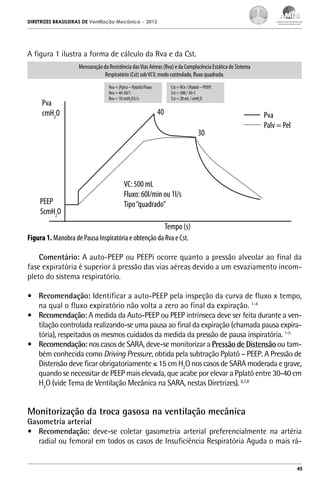 DIRETRIZES BRASILEIRAS DE Ventilação Mecânica

– 2013

A figura 1 ilustra a forma de cálculo da Rva e da Cst.
Mensuração da Resistência das Vias Aéreas (Rva) e da Complacência Estática do Sistema
Respiratório (Cst) sob VCV, modo controlado, fluxo quadrado.

Pva
cmH2O

Rva = (Ppico – Pplatô)/Fluxo
Rva = 40-30/1
Rva = 10 cmH2O/L/s

Cst = VCe / (Pplatô – PEEP)
Cst = 500 / 30-5
Cst = 20 mL / cmH2O

40
30

PEEP
5cmH2O

Pva
Palv = Pel

VC: 500 mL
Fluxo: 60l/min ou 1l/s
Tipo “quadrado”
Tempo (s)

Figura 1. Manobra de Pausa Inspiratória e obtenção da Rva e Cst.
Comentário: A auto-PEEP ou PEEPi ocorre quanto a pressão alveolar ao final da
fase expiratória é superior à pressão das vias aéreas devido a um esvaziamento incompleto do sistema respiratório.
•	 Recomendação: Identificar a auto-PEEP pela inspeção da curva de fluxo x tempo,
na qual o fluxo expiratório não volta a zero ao final da expiração. 1-4
•	 Recomendação: A medida da Auto-PEEP ou PEEP intrínseca deve ser feita durante a ventilação controlada realizando-se uma pausa ao final da expiração (chamada pausa expiratória), respeitados os mesmos cuidados da medida da pressão de pausa inspiratória. 1-5
•	 Recomendação: nos casos de SARA, deve-se monitorizar a Pressão de Distensão ou também conhecida como Driving Pressure, obtida pela subtração Pplatô – PEEP. A Pressão de
Distensão deve ficar obrigatoriamente ≤ 15 cm H2O nos casos de SARA moderada e grave,
quando se necessitar de PEEP mais elevada, que acabe por elevar a Pplatô entre 30-40 cm
H2O (vide Tema de Ventilação Mecânica na SARA, nestas Diretrizes). 6,7,8

Monitorização da troca gasosa na ventilação mecânica

Gasometria arterial
•	 Recomendação: deve-se coletar gasometria arterial preferencialmente na artéria
radial ou femoral em todos os casos de Insuficiência Respiratória Aguda o mais rá-

45

 