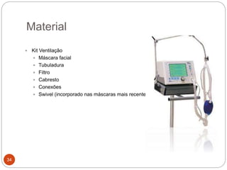  Kit Ventilação
 Máscara facial
 Tubuladura
 Filtro
 Cabresto
 Conexões
 Swivel (incorporado nas máscaras mais recentes)
Material
34
 