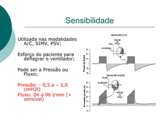 Sensibilidade
Utilizada nas modalidades
A/C, SIMV, PSV;
Esforço do paciente para
deflagrar o ventilador;
Pode ser a Pressão ou
Fluxo;
Pressão: - 0,5 a – 2,0
cmH2O
Fluxo: 04 a 06 l/min (+
sensível)
 