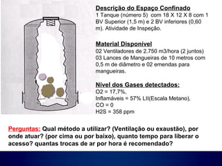 Descrição do Espaço Confinado
1 Tanque (número 5) com 18 X 12 X 8 com 1
BV Superior (1,5 m) e 2 BV inferiores (0,60
m). Atividade de Inspeção.
Material Disponível:
02 Ventiladores de 2.750 m3/hora (2 juntos)
03 Lances de Mangueiras de 10 metros com
0,5 m de diâmetro e 02 emendas para
mangueiras.
Nível dos Gases detectados:
O2 = 17,7%,
Inflamáveis = 57% LII(Escala Metano),
CO = 0
H2S = 358 ppm
Perguntas: Qual método a utilizar? (Ventilação ou exaustão), por
onde atuar? (por cima ou por baixo), quanto tempo para liberar o
acesso? quantas trocas de ar por hora é recomendado?
 