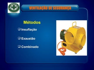 Métodos
 Insuflação
 Exaustão
 Combinado
VENTILAÇÃO DE SEGURANÇA
 