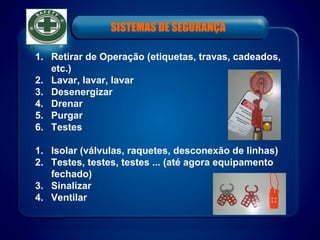 1. Retirar de Operação (etiquetas, travas, cadeados,
etc.)
2. Lavar, lavar, lavar
3. Desenergizar
4. Drenar
5. Purgar
6. Testes
1. Isolar (válvulas, raquetes, desconexão de linhas)
2. Testes, testes, testes ... (até agora equipamento
fechado)
3. Sinalizar
4. Ventilar
SISTEMAS DE SEGURANÇA
 