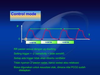 Control mode


   P


                                                                  T
       0
                 6 DETIK         6 DETIK          6 DETIK



 RR pasien sesuai dengan yg disetting
 Setting trigger > -2 (sensitivity = tidak sensitif)
 Setiap ada trigger tidak akan dibantu ventilator
 Tidak nyaman u/ pasien sadar, harus sedasi atau relaksasi
 Biasa digunakan untuk resusitasi otak, dimana nilai PCO2 sudah
     ditetapkan
 