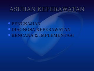 ASUHAN KEPERAWATAN

 PENGKAJIAN
 DIAGNOSAKEPERAWATAN
 RENCANA & IMPLEMENTASI
 