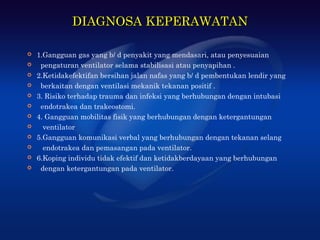 DIAGNOSA KEPERAWATAN

   1.Gangguan gas yang b/ d penyakit yang mendasari, atau penyesuaian
    pengaturan ventilator selama stabilisasi atau penyapihan .
   2.Ketidakefektifan bersihan jalan nafas yang b/ d pembentukan lendir yang
    berkaitan dengan ventilasi mekanik tekanan positif .
   3. Risiko terhadap trauma dan infeksi yang berhubungan dengan intubasi
    endotrakea dan trakeostomi.
   4. Gangguan mobilitas fisik yang berhubungan dengan ketergantungan
     ventilator
   5.Gangguan komunikasi verbal yang berhubungan dengan tekanan selang
     endotrakea dan pemasangan pada ventilator.
   6.Koping individu tidak efektif dan ketidakberdayaan yang berhubungan
    dengan ketergantungan pada ventilator.
 