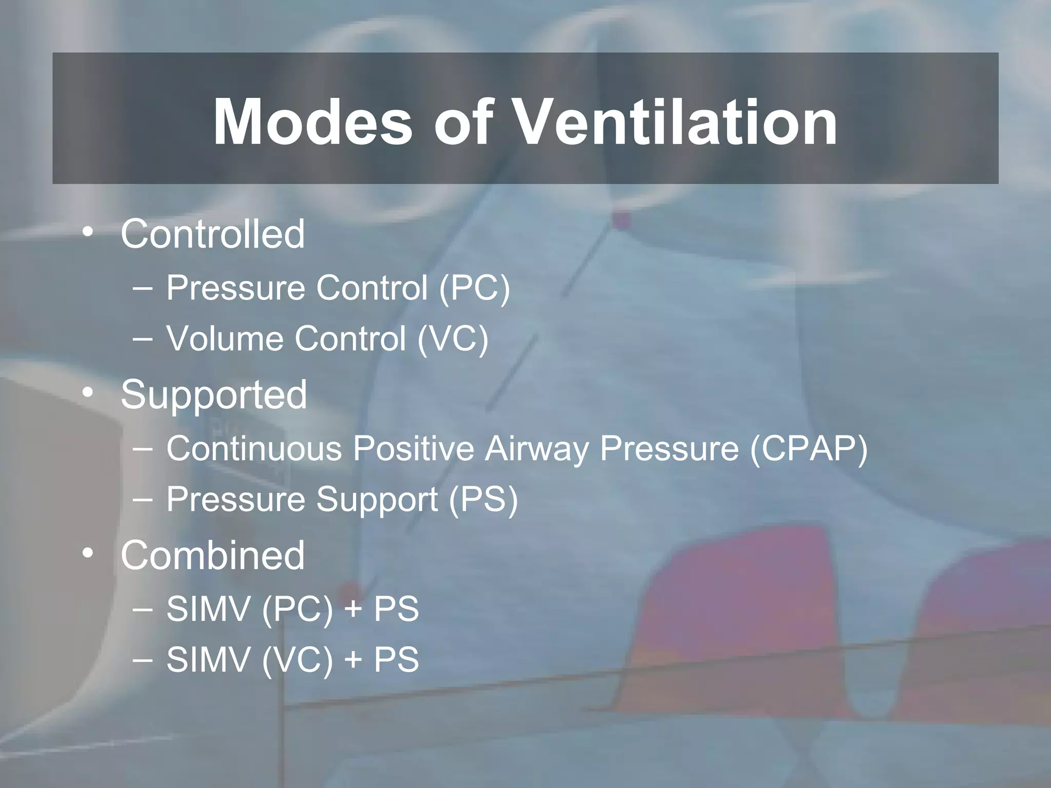 Controlled  Pressure Control (PC) Volume Control (VC) Supported Continuous Positive Airway Pressure (CPAP)  Pressure Support (PS) Combined SIMV (PC) + PS SIMV (VC) + PS Modes of Ventilation 