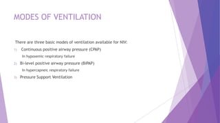 MODES OF VENTILATION
There are three basic modes of ventilation available for NIV:
1) Continuous positive airway pressure (CPAP)
In hypoxemic respiratory failure
2) Bi-level positive airway pressure (BiPAP)
In hypercapneic respiratory failure
3) Pressure Support Ventilation
 