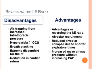 REVERSING THE I:E RATIO
 Air trapping from
increased
intrathoracic
pressure
 Hypercarbia ( Î C02)
 Breath stacking
 Extreme discomfort
for the pt
 Reduction in cardiac
return
 Advantages or
reversing the I:E ratio:
 Alveolar recruitment
 Reduced alveolar
collapse due to shorter
expiratory times
 Increased mean airway
pressure without
increasing PAP
Disadvantages Advantages
 