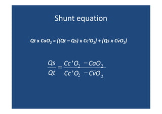 Shunt equation 
Shunt equation
Qt x CaO2 = [(Qt – Qs) x Cc’O2] + [Qs x CvO2] 

Qs Cc ' O2 − CaO 2
=
Qt Cc ' O2 − CvO 2

 