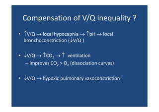 Compensation of V/Q inequality ?
Compensation of V/Q inequality ?
• ↑V/Q → local hypocapnia → ↑pH → local 
bronchoconstriction (↓V/Q )
• ↓V/Q → ↑CO2 → ↑ ventilation
↓V/Q →
– improves CO2 > O2 (dissociation curves)
• ↓V/Q → hypoxic pulmonary vasoconstriction

 