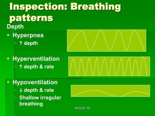 Inspection: Breathing
patterns
Depth
 Hyperpnea
   h depth


 Hyperventilation
   h depth & rate


 Hypoventilation
   i depth & rate
   Shallow irregular
    breathing
                        MTCAT '09
 