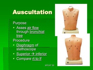 Auscultation
Purpose
 Asses air flow
  through bronchial
  tree
Procedure
 Diaphragm of
  stethoscope
 Superior  inferior
 Compare rt to lf
                    MTCAT '09
 