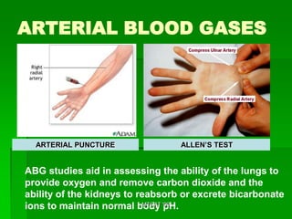 ARTERIAL BLOOD GASES




  ARTERIAL PUNCTURE               ALLEN’S TEST


ABG studies aid in assessing the ability of the lungs to
provide oxygen and remove carbon dioxide and the
ability of the kidneys to reabsorb or excrete bicarbonate
ions to maintain normal body '09
                           MTCAT pH.
 