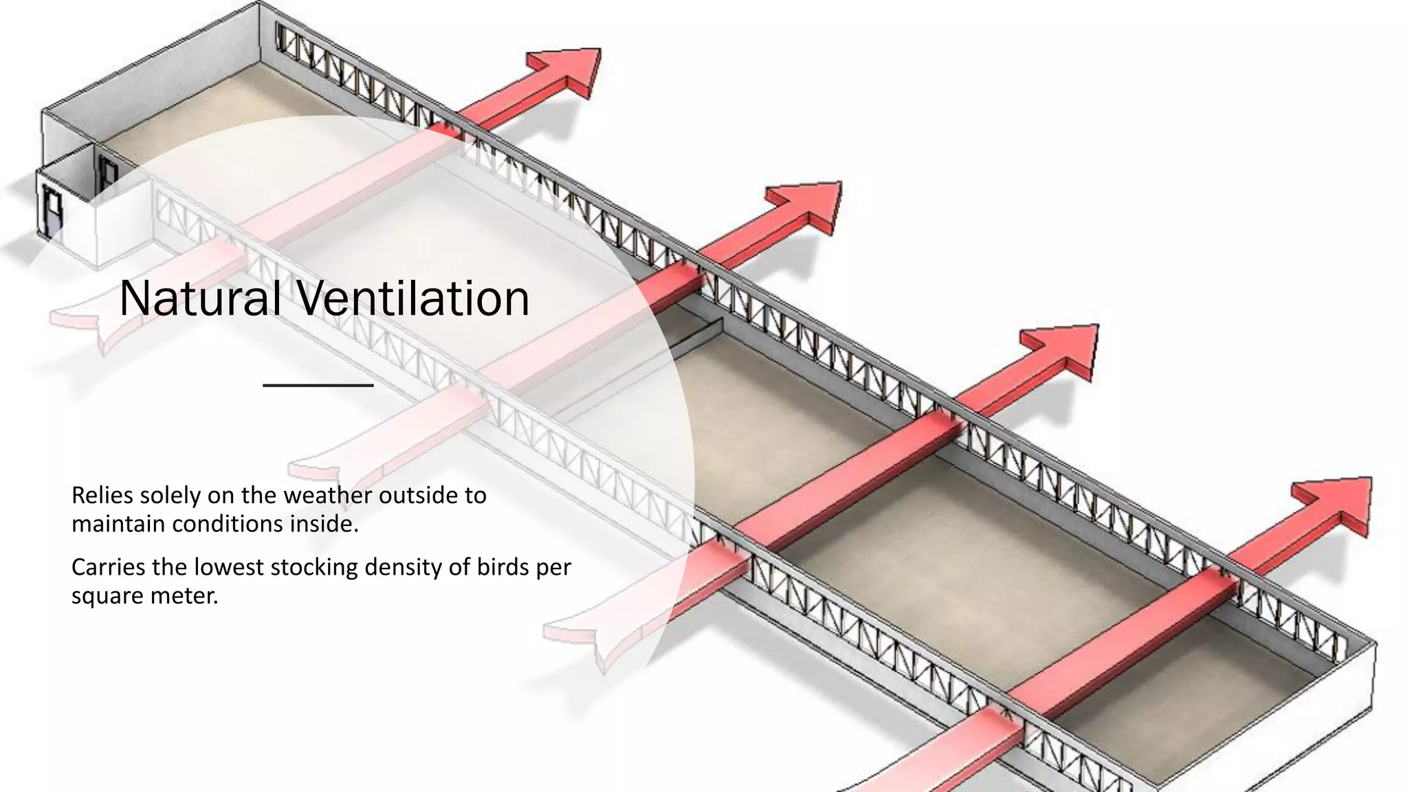 Natural Ventilation
Relies solely on the weather outside to
maintain conditions inside.
Carries the lowest stocking density of birds per
square meter.
 