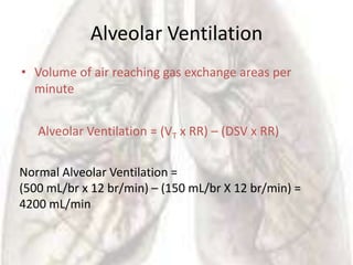 Alveolar Ventilation
• Volume of air reaching gas exchange areas per
  minute


   Alveolar Ventilation = (VT x RR) – (DSV x RR)

Normal Alveolar Ventilation =
(500 mL/br x 12 br/min) – (150 mL/br X 12 br/min) =
4200 mL/min
 