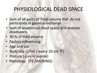 PHYSIOLOGICAL DEAD SPACE
• Sum of all parts of Tidal volume that do not
  participate in gaseous exchange
• Sum of anatomical dead space and alveolar
  deadspace.
• 30 % of tidal volume
• Factors influencing:
• Age and sex
• Body size (17ml / every 10 cm ↑)
• Posture (↓es in supine)
• Pathology (PE,SMOKING)
 