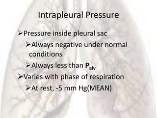 Intrapleural Pressure
Pressure inside pleural sac
 Always negative under normal
   conditions
 Always less than Palv
Varies with phase of respiration
 At rest, -5 mm Hg(MEAN)
 