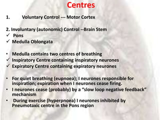 Centres
1.     Voluntary Control --- Motor Cortex

2. Involuntary (autonomic) Control --Brain Stem
 Pons
 Medulla Oblongata

• Medulla contains two centres of breathing
 Inspiratory Centre containing inspiratory neurones
 Expiratory Centre containing expiratory neurones

• For quiet breathing (eupnoea); I neurones responsible for
  inspiration; expiration when I neurones cease firing.
• I neurones cease (probably) by a “slow loop negative feedback”
  mechanism
• During exercise (hyperpnoea) I neurones inhibited by
  Pneumotaxic centre in the Pons region
 