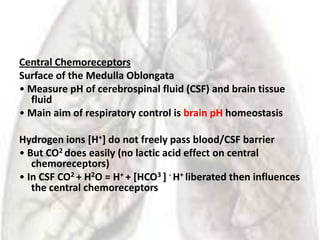 Central Chemoreceptors
Surface of the Medulla Oblongata
• Measure pH of cerebrospinal fluid (CSF) and brain tissue
  fluid
• Main aim of respiratory control is brain pH homeostasis

Hydrogen ions [H+] do not freely pass blood/CSF barrier
• But CO2 does easily (no lactic acid effect on central
   chemoreceptors)
• In CSF CO2 + H2O = H+ + [HCO3 ] - H+ liberated then influences
   the central chemoreceptors
 