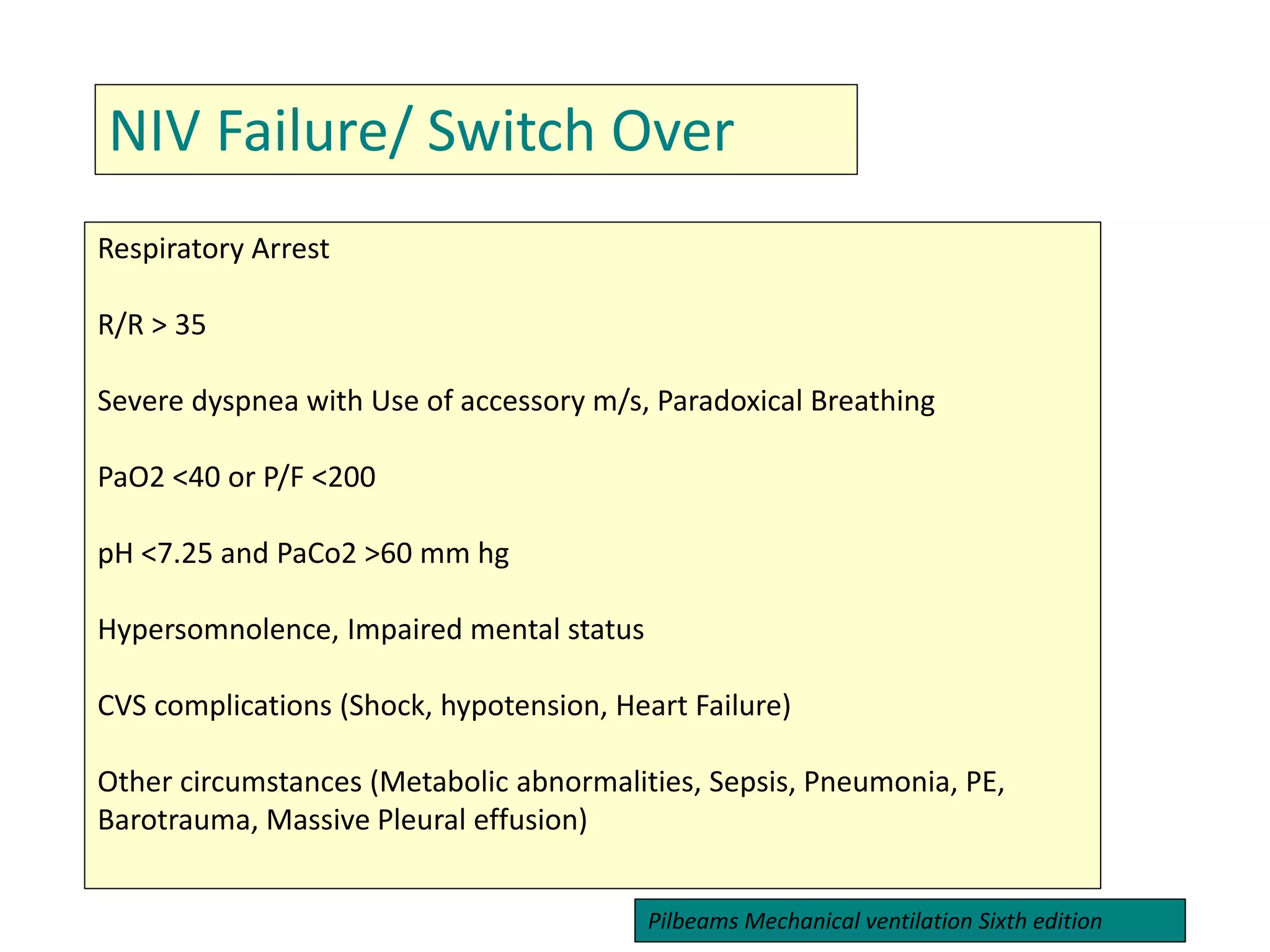 NIV Failure/ Switch Over
Respiratory Arrest
R/R > 35
Severe dyspnea with Use of accessory m/s, Paradoxical Breathing
PaO2 <40 or P/F <200
pH <7.25 and PaCo2 >60 mm hg
Hypersomnolence, Impaired mental status
CVS complications (Shock, hypotension, Heart Failure)
Other circumstances (Metabolic abnormalities, Sepsis, Pneumonia, PE,
Barotrauma, Massive Pleural effusion)
Pilbeams Mechanical ventilation Sixth edition
 