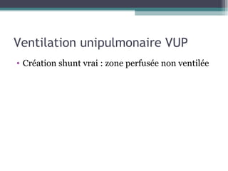 Ventilation unipulmonaire VUP
• Création shunt vrai : zone perfusée non ventilée
 